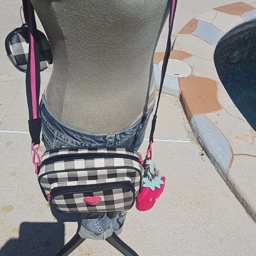 Betsey Johnson Pink Plaid Crossbody Bag with Heart Charm - Picture 7 of 7